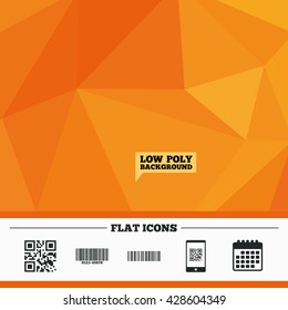 Triangular low poly orange background. Bar and Qr code icons. Scan barcode in smartphone symbols. Calendar flat icon. Vector