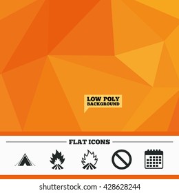 Triangular low poly orange background. Tourist camping tent icon. Fire flame and stop prohibition sign symbols. Calendar flat icon. Vector