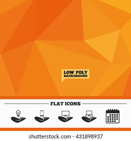 Triangular low poly orange background. Helping hands icons. Intellectual property insurance symbol. Smartphone, TV monitor and pc notebook sign. Device protection. Calendar flat icon. Vector