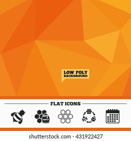 Triangular low poly orange background. Honey icon. Honeycomb cells with bees symbol. Sweet natural food signs. Calendar flat icon. Vector