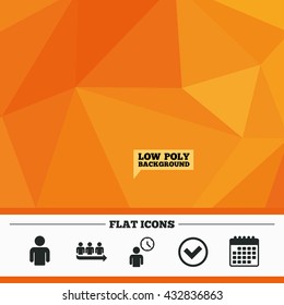 Triangular low poly orange background. Queue icon. Person waiting sign. Check or Tick and time clock symbols. Calendar flat icon. Vector