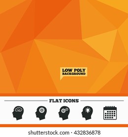 Triangular low poly orange background. Head with brain and idea lamp bulb icons. Male human think symbols. Cogwheel gears signs. Calendar flat icon. Vector