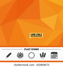 Triangular low poly orange background. Agricultural icons. Gluten free or No gluten signs. Wreath of Wheat corn symbol. Calendar flat icon. Vector
