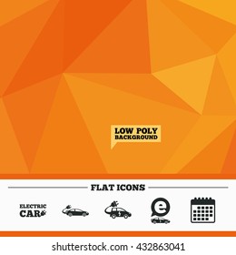 Triangular low poly orange background. Electric car icons. Sedan and Hatchback transport symbols. Eco fuel vehicles signs. Calendar flat icon. Vector