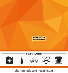 Triangular low poly orange background. Hipster photo camera. Mustache with beard icon. Glasses and tie symbols. Bicycle sign. Calendar flat icon. Vector
