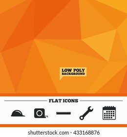 Triangular low poly orange background. Construction helmet and wrench key tool icons. Ruler and tape measure roulette sign symbols. Calendar flat icon. Vector