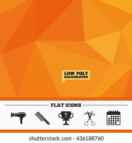 Triangular low poly orange background. Hairdresser icons. Scissors cut hair symbol. Comb hair with hairdryer symbol. Barbershop winner award cup. Calendar flat icon. Vector