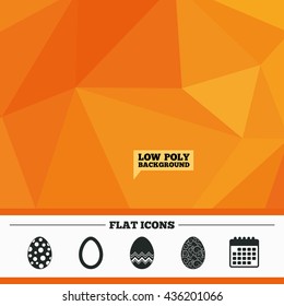 Triangular low poly orange background. Easter eggs icons. Circles and floral patterns symbols. Tradition Pasch signs. Calendar flat icon. Vector