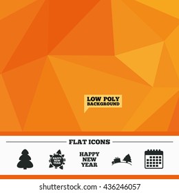 Triangular low poly orange background. Happy new year icon. Christmas trees signs. World globe symbol. Calendar flat icon. Vector