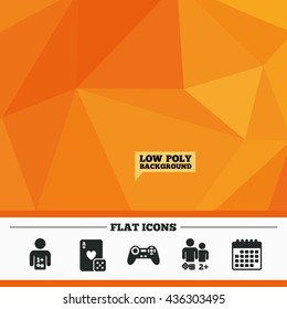 Triangular low poly orange background. Gamer icons. Board games players signs. Video game joystick symbol. Casino playing card. Calendar flat icon. Vector
