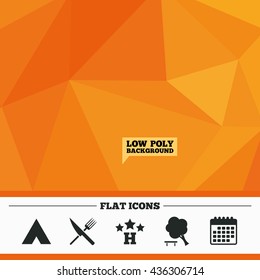 Triangular low poly orange background. Food, hotel, camping tent and tree icons. Knife and fork. Break down tree. Road signs. Calendar flat icon. Vector