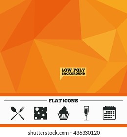 Triangular low poly orange background. Food icons. Muffin cupcake symbol. Fork and spoon sign. Glass of champagne or wine. Slice of cheese. Calendar flat icon. Vector