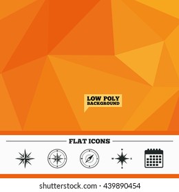 Triangular low poly orange background. Windrose navigation icons. Compass symbols. Coordinate system sign. Calendar flat icon. Vector