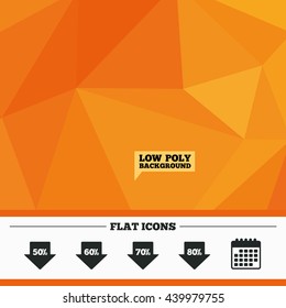 Triangular low poly orange background. Sale arrow tag icons. Discount special offer symbols. 50%, 60%, 70% and 80% percent discount signs. Calendar flat icon. Vector