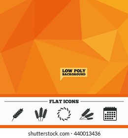 Triangular low poly orange background. Agricultural icons. Gluten free or No gluten signs. Wreath of Wheat corn symbol. Calendar flat icon. Vector
