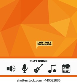 Triangular low poly orange background. Musical elements icons. Microphone and Sound speaker symbols. Music note and acoustic guitar signs. Calendar flat icon. Vector