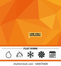 Triangular low poly orange background. HVAC icons. Heating, ventilating and air conditioning symbols. Water supply. Climate control technology signs. Calendar flat icon. Vector