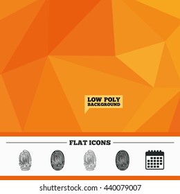 Triangular low poly orange background. Fingerprint icons. Identification or authentication symbols. Biometric human dabs signs. Calendar flat icon. Vector