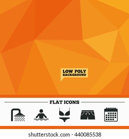 Triangular low poly orange background. Swimming pool icons. Shower water drops and swimwear symbols. Human stands in sea waves sign. Trunks and women underwear. Calendar flat icon. Vector