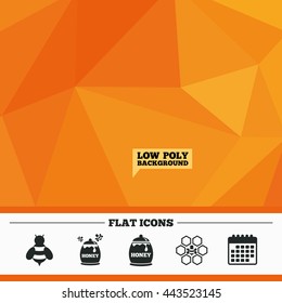 Triangular low poly orange background. Honey icon. Honeycomb cells with bees symbol. Sweet natural food signs. Calendar flat icon. Vector