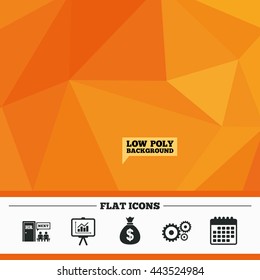 Triangular low poly orange background. Human resources icons. Presentation board with charts signs. Money bag and gear symbols. Man at the door. Calendar flat icon. Vector