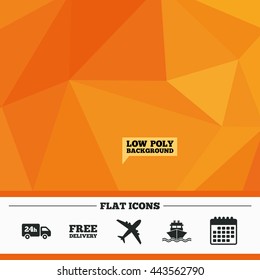 Triangular low poly orange background. Cargo truck and shipping icons. Shipping and free delivery signs. Transport symbols. 24h service. Calendar flat icon. Vector