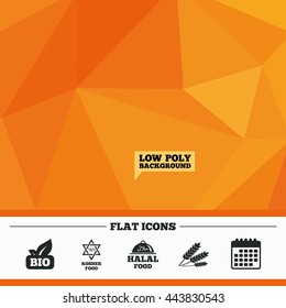 Triangular low poly orange background. Natural Bio food icons. Halal and Kosher signs. Gluten free and star of David symbols. Calendar flat icon. Vector