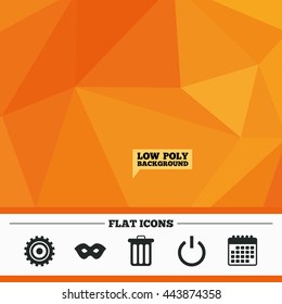Triangular low poly orange background. Anonymous mask and cogwheel gear icons. Recycle bin delete and power sign symbols. Calendar flat icon. Vector