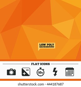 Triangular low poly orange background. Photo camera icon. Flash light and exposure symbols. Stopwatch timer 10 seconds sign. Calendar flat icon. Vector
