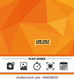 Triangular low poly orange background. Hipster retro photo camera icon. Autofocus zone symbol. Stopwatch timer sign. Landscape photo frame. Calendar flat icon. Vector