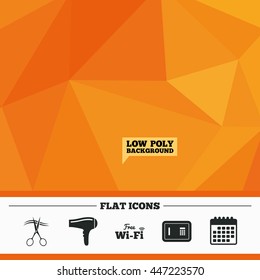 Triangular low poly orange background. Hotel services icons. Wi-fi, Hairdryer and deposit lock in room signs. Wireless Network. Hairdresser or barbershop symbol. Calendar flat icon. Vector