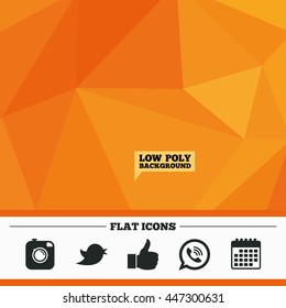 Triangular low poly orange background. Hipster photo camera icon. Like and Call speech bubble sign. Bird symbol. Social media icons. Calendar flat icon. Vector