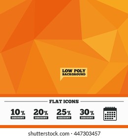 Triangular low poly orange background. Sale discount icons. Special offer price signs. 10, 20, 25 and 30 percent off reduction symbols. Calendar flat icon. Vector