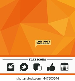 Triangular low poly orange background. Hipster photo camera icon. Like and Chat speech bubble sign. Bird symbol. Calendar flat icon. Vector