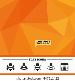 Triangular low poly orange background. Honey bees icons. Bumblebees symbols. Flying insects with sting signs. Calendar flat icon. Vector