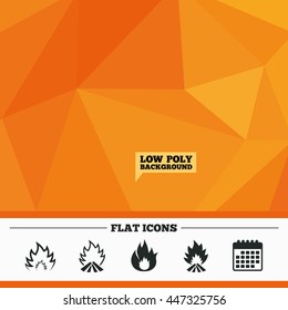 Triangular low poly orange background. Fire flame icons. Heat symbols. Inflammable signs. Calendar flat icon. Vector