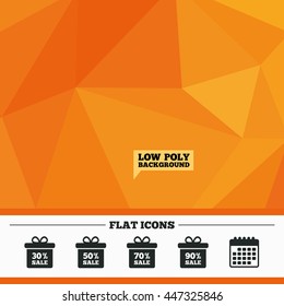 Triangular low poly orange background. Sale gift box tag icons. Discount special offer symbols. 30%, 50%, 70% and 90% percent sale signs. Calendar flat icon. Vector
