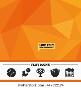 Triangular low poly orange background. Baseball sport icons. Ball with glove and two crosswise bats signs. Fireball with award cup symbol. Calendar flat icon. Vector