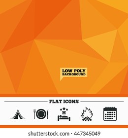 Triangular low poly orange background. Food, sleep, camping tent and fire icons. Knife, fork and dish. Hotel or bed and breakfast. Road signs. Calendar flat icon. Vector