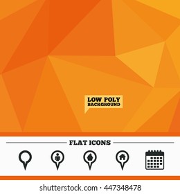 Triangular low poly orange background. Map circle pointer icons. Home, food and user location symbols. Restaurant and cupcake signs. You are here. Calendar flat icon. Vector