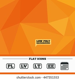 Triangular low poly orange background. Language icons. PL, LV, LT and EE translation symbols. Poland, Latvia, Lithuania and Estonia languages. Calendar flat icon. Vector