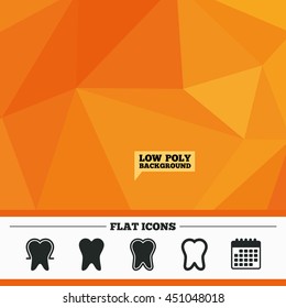 Triangular low poly orange background. Tooth enamel protection icons. Dental toothpaste care signs. Healthy teeth sign. Calendar flat icon. Vector