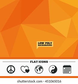 Triangular low poly orange background. World globe icon. Ying yang sign. Hearts love sign. Peace hope. Harmony and balance symbol. Calendar flat icon. Vector