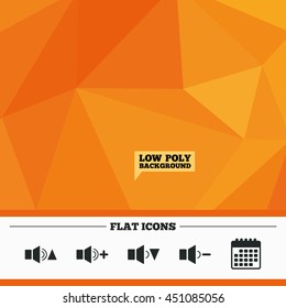 Triangular low poly orange background. Player control icons. Sound louder and quieter signs. Dynamic symbol. Calendar flat icon. Vector