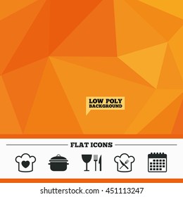 Triangular low poly orange background. Chief hat with heart and cooking pan icons. Crosswise fork and knife signs. Boil or stew food symbol. Calendar flat icon. Vector
