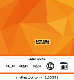 Triangular low poly orange background. Mobile telecommunications icons. 3G, 4G and 5G technology symbols. World globe sign. Calendar flat icon. Vector