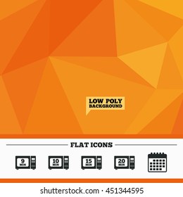 Triangular low poly orange background. Microwave oven icons. Cook in electric stove symbols. Heat 9, 10, 15 and 20 minutes signs. Calendar flat icon. Vector