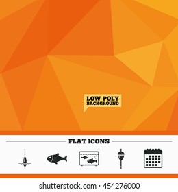 Triangular low poly orange background. Fishing icons. Fish with fishermen hook sign. Float bobber symbol. Aquarium icon. Calendar flat icon. Vector