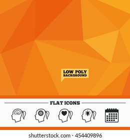 Triangular low poly orange background. Head with brain and idea lamp bulb icons. Female woman think symbols. Cogwheel gears signs. Love heart. Calendar flat icon. Vector