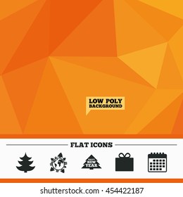 Triangular low poly orange background. Happy new year icon. Christmas trees and gift box signs. World globe symbol. Calendar flat icon. Vector
